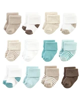 Hudson Baby Cotton Rich Baby Terry Socks 24-Pack, Teal Brown Stripe, 0-6 Months