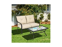 2 Pieces Patio Outdoor Cushioned Sofa Bench with Coffee Table
