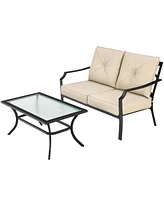 2 Pieces Patio Outdoor Cushioned Sofa Bench with Coffee Table