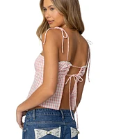 Edikted Womens Billie Open Tie Back Gingham Top