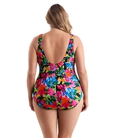 Longitude by Mimi Flamingo Blooming Bouquet Ruffle Front Surplice One Piece Swimsuit