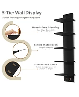 Sorbus 5 Tier Wall Mounted Floating Shelf Unit with Hooks - Home Decor and Storage Organizer