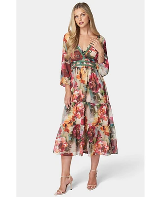 Bebe Women's Lace Up Back Chiffon Midi Dress