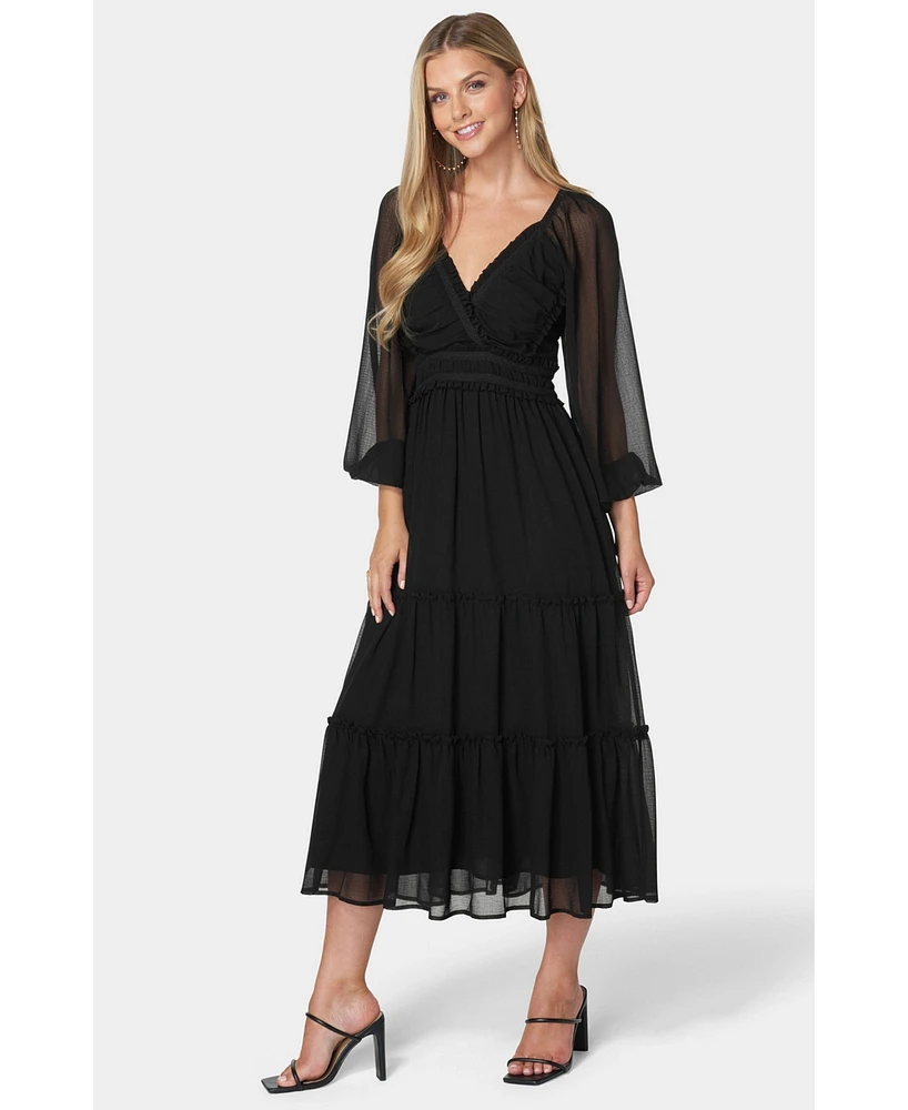 bebe Women's Lace Up Back Chiffon Midi Dress