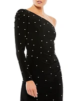 Women's Rhinestone Encrusted One Shoulder Long Sleeve Mini Dress