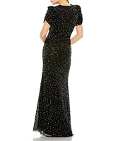 Women's Gathered Short Sleeve Beaded Gown