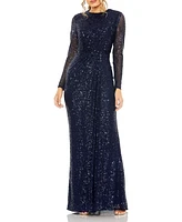 Mac Duggal Women's Sequined Long Sleeve Side Knot Gown