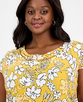 Kasper Plus Printed Cowlneck Cap-Sleeve Top
