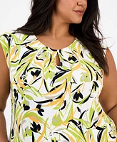 Kasper Plus Printed Keyhole-Neck Sleeveless Top