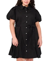 Msk Plus Cotton Puff-Sleeve Belted Shirtdress