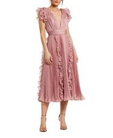 Women's Pleated Chiffon V Neck Ruffle Midi Dress