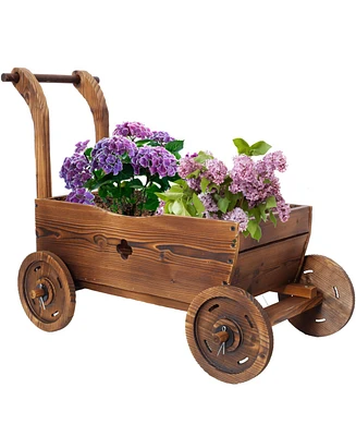 Wooden Wagon Planter with Wheels, Drain Hole & Handle