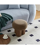 Mushroom stool, brown lamb wool seat, barrel Pvc pipe with walnut veneer