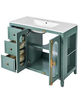 36-inch Bathroom Vanity with 2 Soft Close Doors, Solid Wood Frame Modern Bathroom Storage Cabinet with 3 Drawers