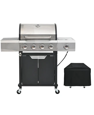 Propane Grill 4 Burner Barbecue Grill Stainless Steel Gas Grill with Side Burner and Cover for Outdoor Bbq, Camping