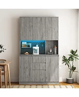 74" Freestanding Kitchen Pantry Cabinet with Charging Station, Led Lights