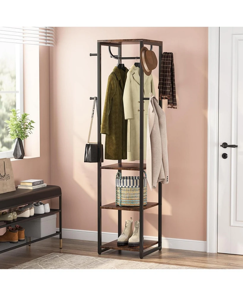 Tribesigns Coat Rack Freestanding with Shelves, Industrial Hall Tree with 4 Shelves and 8 Hooks, Standing Small Clothes Rack Closet Organizer for Entr