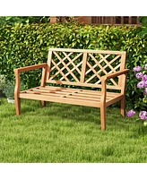 Outdoor Garden Bench 2-Person Teak Wood Bench with Comfy Armrests and Backrest