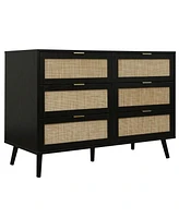 Rattan 6 Drawer Dresser Modern Closet Dressers Chest of Drawers Storage Cabinet with Drawers Entryway Cabinet for Living Room, Black