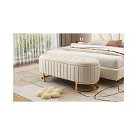 Velvet Upholstered Ottoman Storage Bench, Button-Tufted, Beige