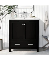 30" Black Single Sink Bathroom Vanity with Multifunctional Storage