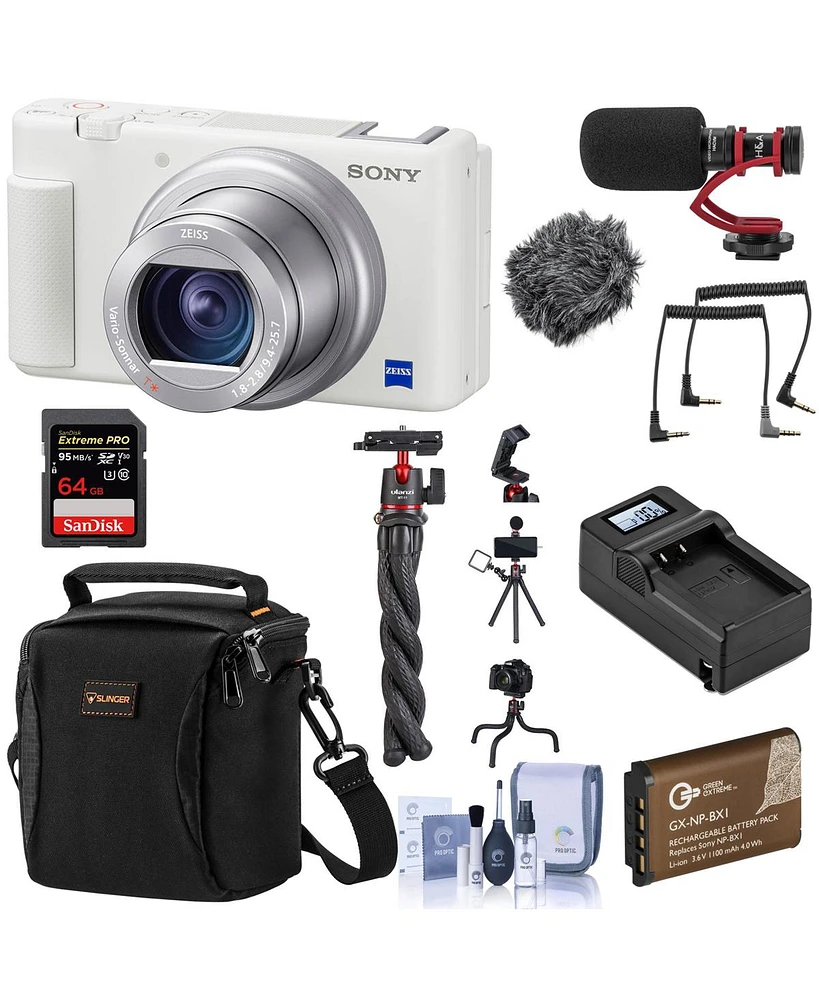 Sony Zv-1 Compact 4K Hd Digital Camera, White Bundle with 64GB Sd Card, Bag, Mic, Flexible Tripod, Extra battery and Accessories