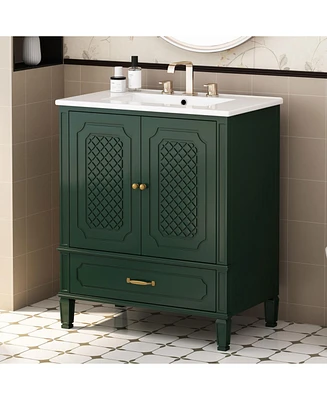 30" Bathroom Vanity with Sink Vintage Style, Multi-functional Storage Space, Door Shelf, Soft-closing Door, Dark Green