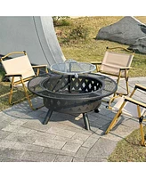 39-inch fire pit, outdoor wood-burning barbecue pit bowl, steel round table for picnic on backyard campfire patio