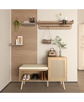 2-in-1 Shoe Bench with Cushion, Storage Shelves, and Natural Rattan