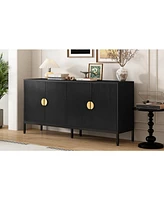 Vertical-Striped Four-Door Sideboard with Metal Legs and Semi-Circular Handles