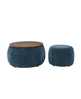 Round Storage Ottoman, 2 in 1 Function, Work as End table and Ottoman,with small seat,Dark blue(25"x25"x14.7")