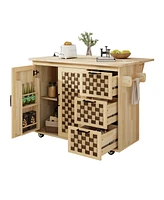 3D Woven Kitchen Island with Drop Leaf and Storage