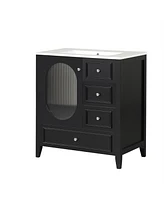 30" Bathroom Vanity with Sink, Bathroom Vanity Cabinet with Three Drawers and Door, Solid Wood and Mdf, Black