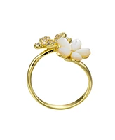 Unwritten Cubic Zirconia Mother of Pearl Flower Bypass Ring