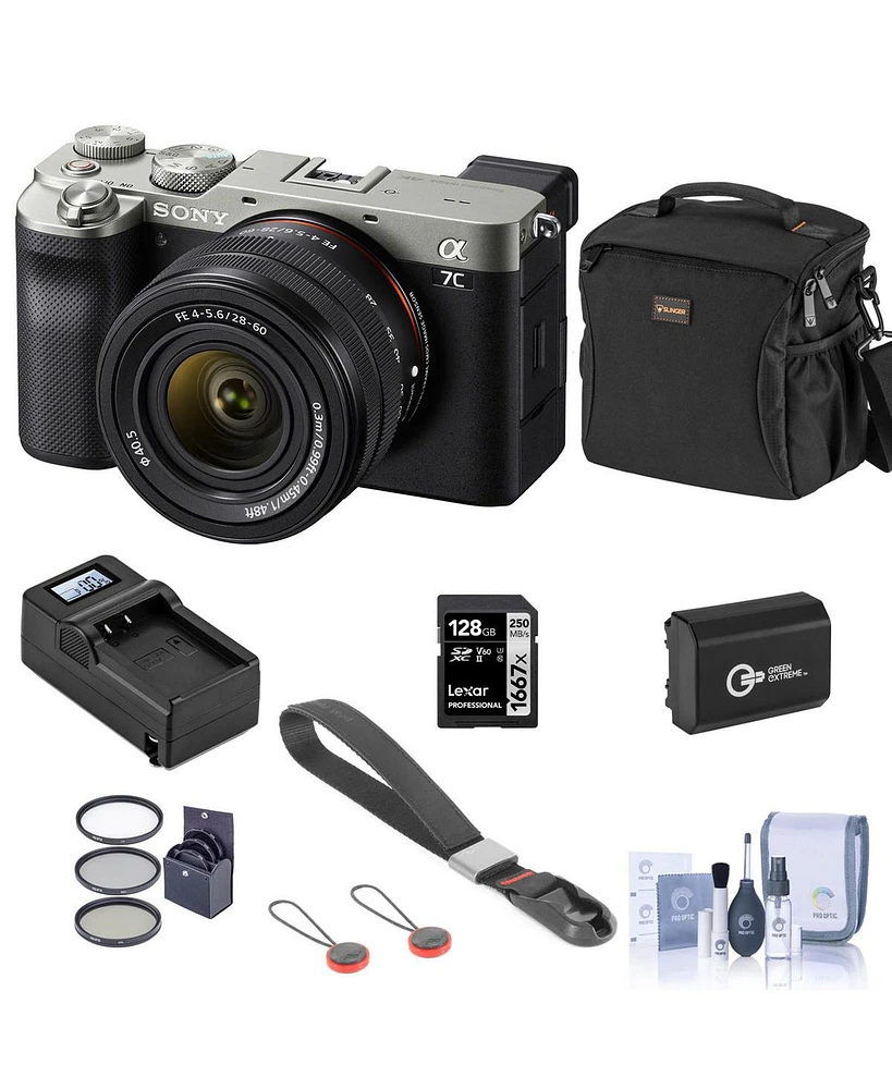 Sony Alpha 7C Mirrorless Camera with Fe 28-60mm f/4-5.6 Lens, Silver, Bundle with Bag, 128GB Sd Card, Extra Battery, Compact Charger, Wrist Strap, Fil