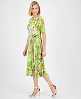 Kasper Women's Floral-Print Belted Fit & Flare Dress, Regular Petite