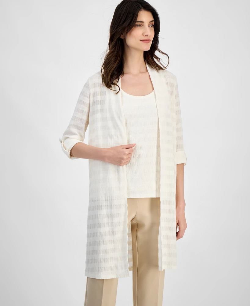 Anne Klein Women's Textured-Knit Open-Knit Roll-Tab-Sleeve Cardigan