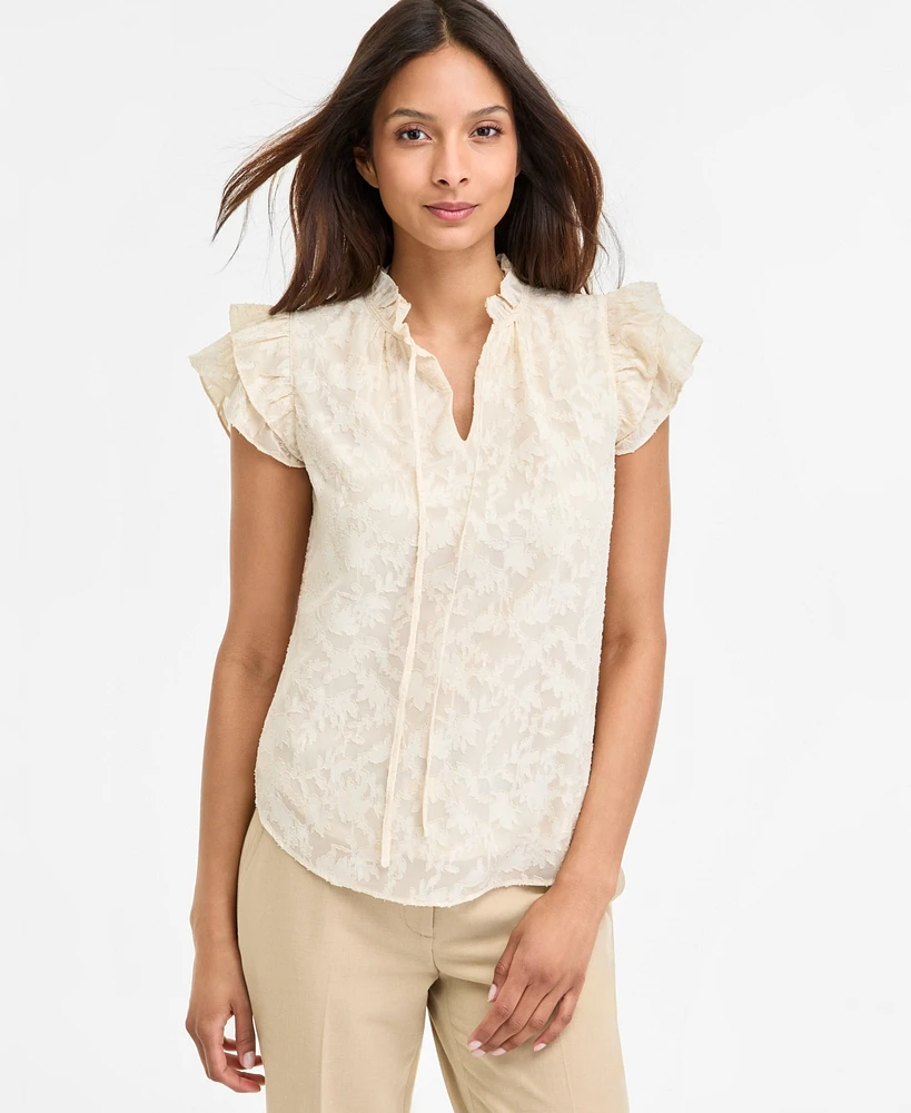 Anne Klein Petite Double-Ruffle-Sleeve Tie-Neck Blouse