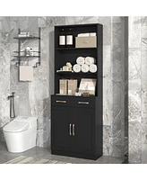 Bathroom Storage Cabinet, Cabinet with Two Doors and Drawers, Adjustable Shelf, Three-layer Open Shelf, Mdf Board, Black