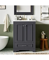 24" Bathroom Vanity with Ceramic Sink Combo, Modern Freestanding Storage Cabinet with Silver Handles, Soft Closing Doors