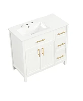 36" White Bathroom Vanity with Solid Wood and Mdf Cabinet, Sink Top, 2 Doors, 3 Drawers