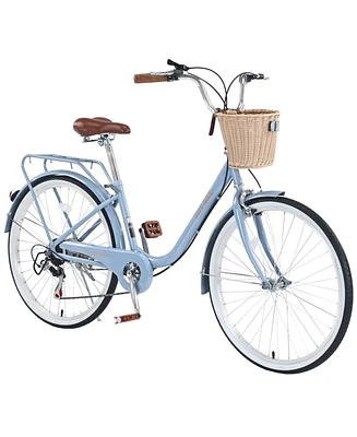 7 Speed City Bike With Basket, Steel Frame,Multiple Colors 26 Inch Girls Bicycle