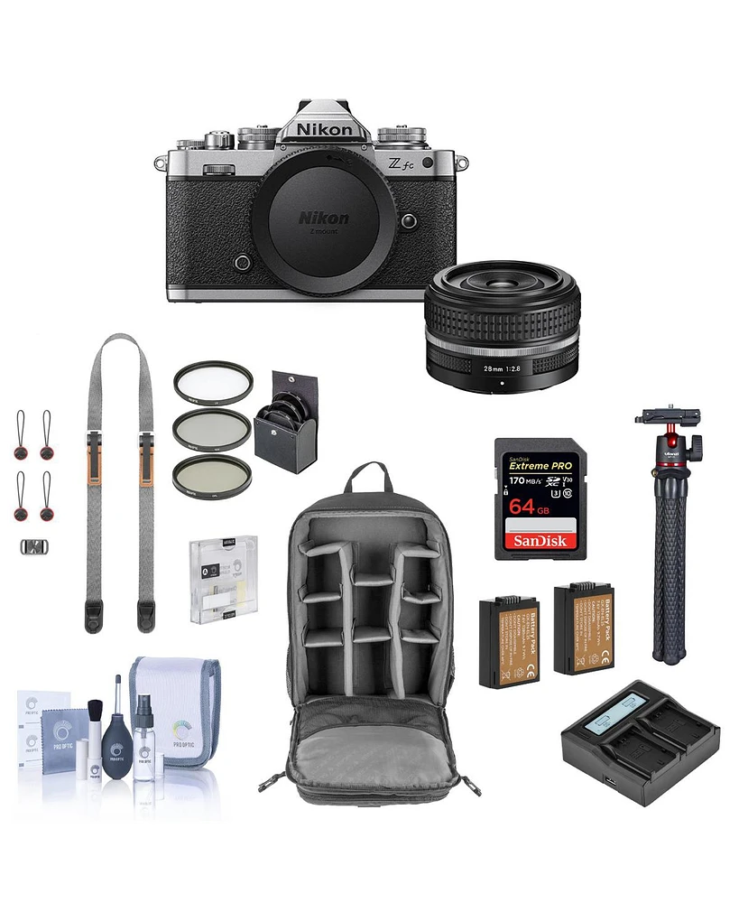 Nikon Z fc Dx-Format Mirrorless Camera with 28mm Lens Bundle with 64GB Sd Card, Backpack, Shoulder Strap, 2 Extra Battery, Dual Charger, Screen Protec