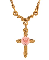 2028 Pink Porcelain Rose Cross Necklace