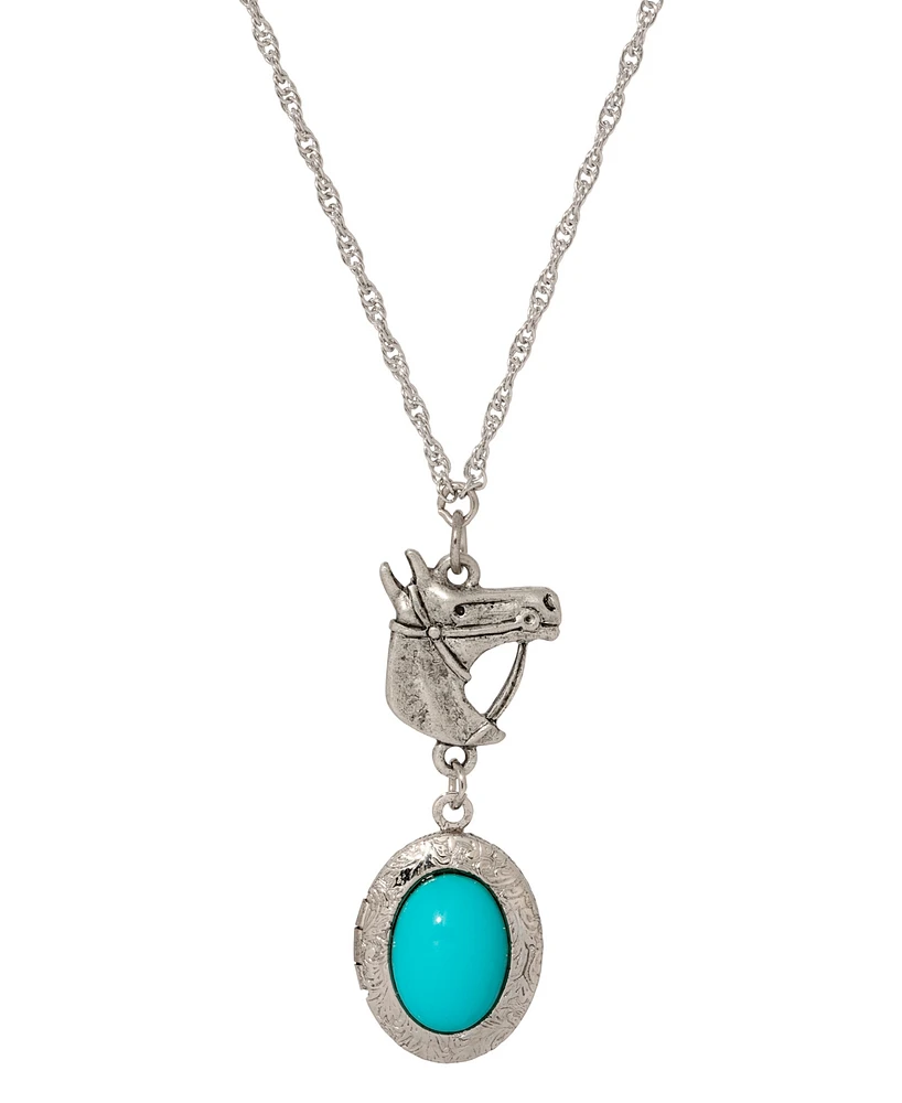 2028 Faux Turquoise Oval Horse Locket Necklace