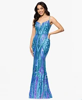 Blondie Nites Juniors' Sequin Notched-Neck Mermaid Gown