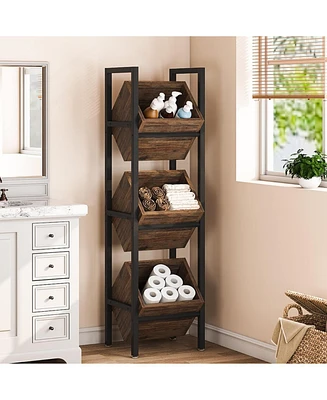 Tribesigns 3-Tier Basket Stand, Wood Snack Rack with Baskets, Rustic Vertical Fruit Stand Standing Storage Tower Organizer for Kitchen Bathroom Living