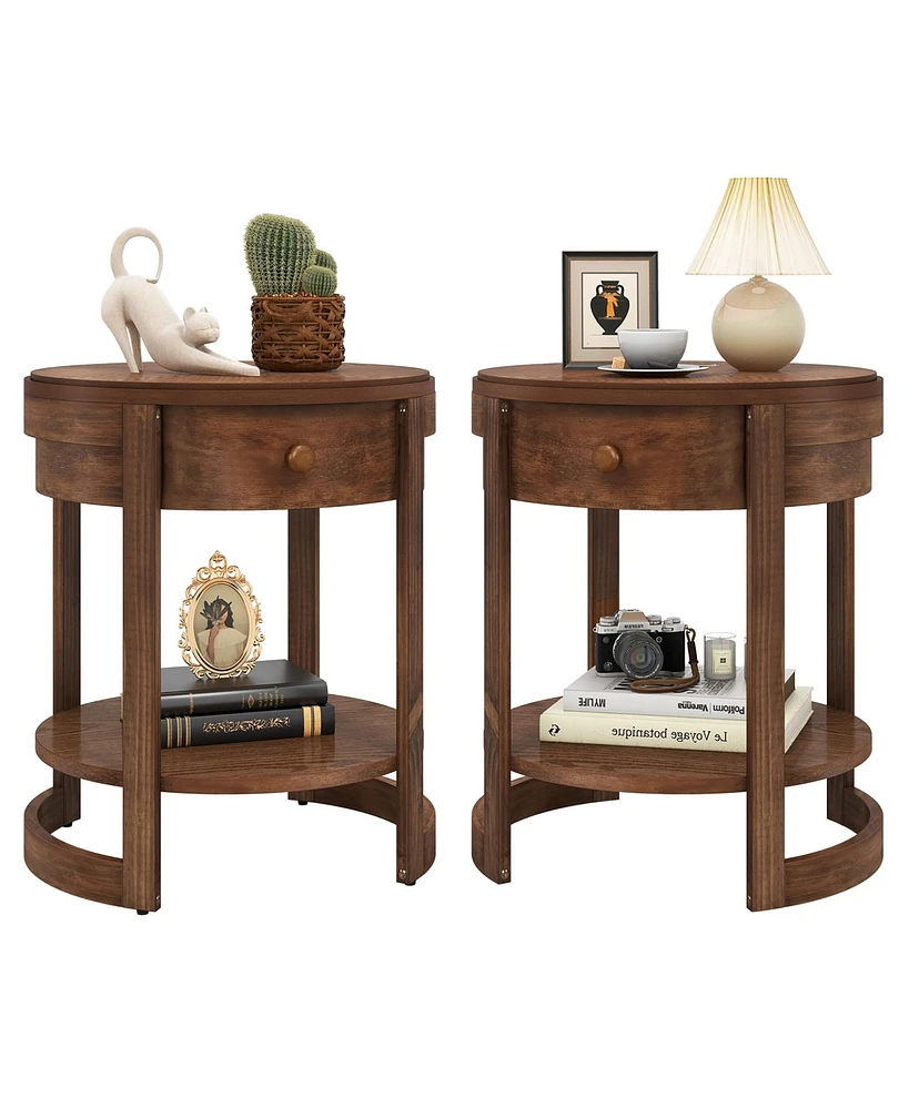 Gymax 2PCS Nightstand w/ Shelf & Wood Grains Drawer Round End Table for Living Room