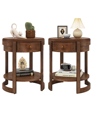 Gymax 2PCS Nightstand w/ Shelf & Wood Grains Drawer Round End Table for Living Room