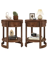 Gymax 2PCS Nightstand w/ Shelf & Wood Grains Drawer Round End Table for Living Room